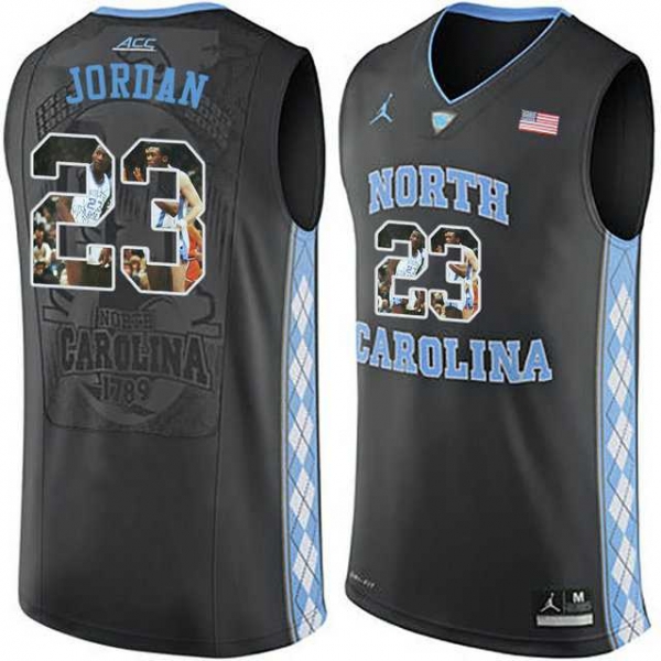 North Carolina Tar Heels #23 Michael Jordan Black With Portrait Print College Basketball Jersey