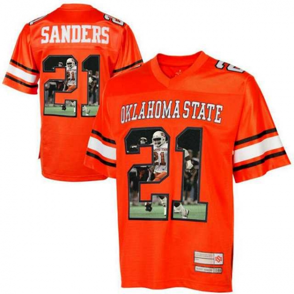 Oklahoma State Cowboys #21 Barry Sanders Orange With Portrait Print College Football Jersey