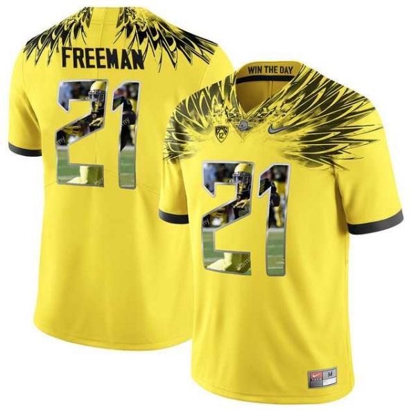 Oregon Ducks #21 Royce Freeman Yellow With Portrait Print College Football Jersey