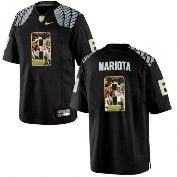 Oregon Ducks #8 Marcus Mariota Black With Portrait Print College Football Jersey