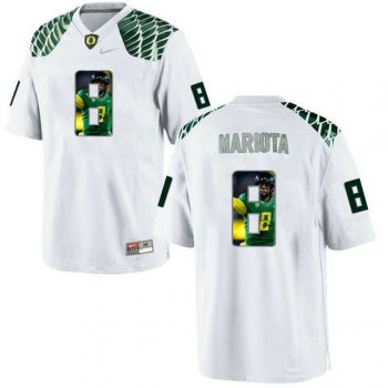 Oregon Ducks #8 Marcus Mariota White With Portrait Print College Football Jersey