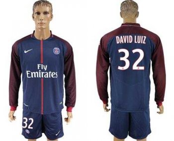 Paris Saint-Germain #32 David Luiz Home Long Sleeves Soccer Club Jersey