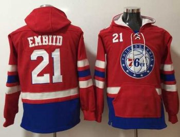 Philadelphia 76ers #21 Joel Embiid Red Name & Number Pullover NBA Hoodie