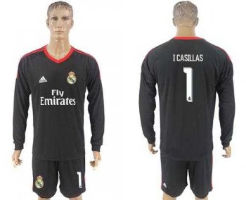 Real Madrid #1 I Casillas Black Goalkeeper Long Sleeves Soccer Club Jersey