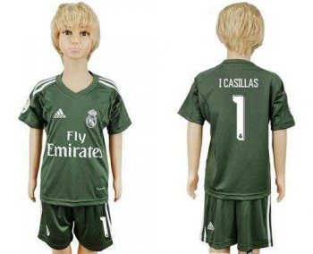 Real Madrid #1 I Casillas Green Goalkeeper Kid Soccer Club Jersey