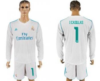 Real Madrid #1 I Casillas White Home Long Sleeve Soccer Club Jersey