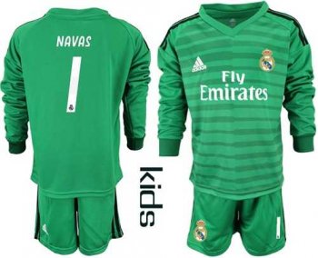 Real Madrid #1 Navas Green Goalkeeper Long Sleeves Kid Soccer Club Jersey