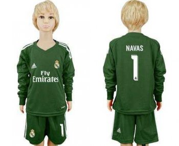 Real Madrid #1 Navas Green Goalkeeper Long Sleeves Kid Soccer Club Jersey