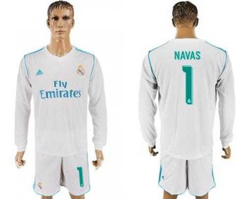 Real Madrid #1 Navas White Home Long Sleeves Soccer Club Jersey