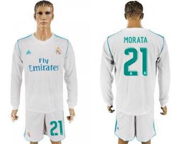 Real Madrid #21 Morata White Home Long Sleeves Soccer Club Jersey