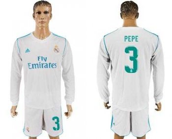 Real Madrid #3 Pepe White Home Long Sleeves Soccer Club Jersey