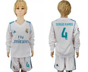 Real Madrid #4 Sergio Ramos Home Long Sleeves Kid Soccer Club Jersey