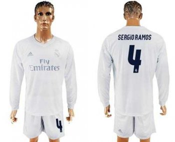 Real Madrid #4 Sergio Ramos Marine Environmental Protection Home Long Sleeves Soccer Club Jersey