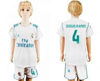 Real Madrid #4 Sergio Ramos White Home Kid Soccer Club Jersey