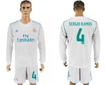 Real Madrid #4 Sergio Ramos White Home Long Sleeves Soccer Club Jersey