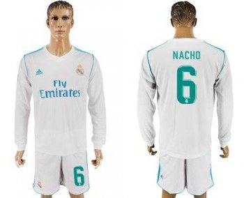 Real Madrid #6 Nacho White Home Long Sleeves Soccer Club Jersey