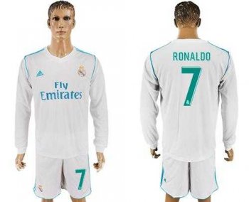 Real Madrid #7 Ronaldo White Home Long Sleeves Soccer Club Jersey