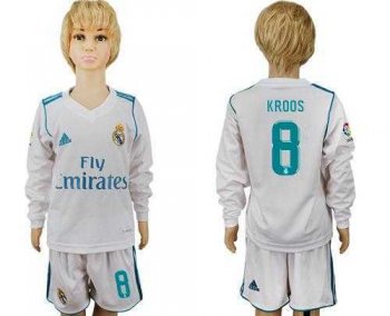 Real Madrid #8 Kroos Home Long Sleeves Kid Soccer Club Jersey