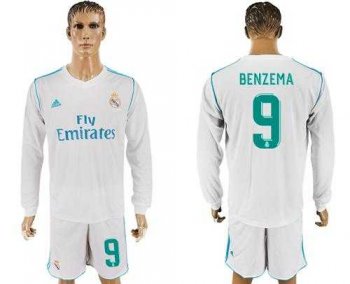 Real Madrid #9 Benzema White Home Long Sleeves Soccer Club Jersey