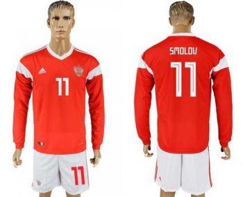 Russia #11 Smolov Red Home Long Sleeves Soccer Country Jersey