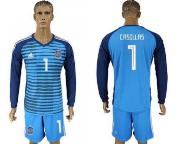 Spain #1 Casillas Blue Goalkeeper Long Sleeves Soccer Country Jersey