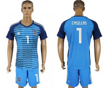 Spain #1 Casillas Blue Goalkeeper Soccer Country Jersey