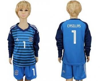 Spain #1 Casillas Blue Long Sleeves Goalkeeper Kid Soccer Country Jersey