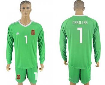 Spain #1 Casillas Green Long Sleeves Goalkeeper Soccer Country Jersey