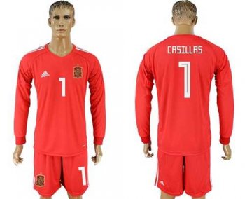 Spain #1 Casillas Red Long Sleeves Goalkeeper Soccer Country Jersey