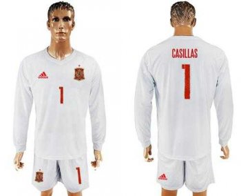 Spain #1 Casillas White Away Long Sleeves Soccer Country Jersey