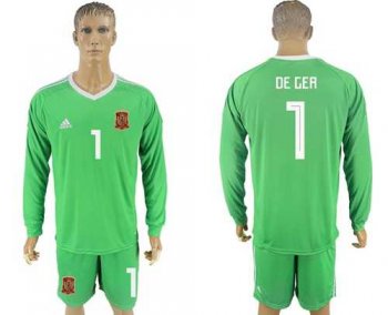 Spain #1 De Gea Green Long Sleeves Goalkeeper Soccer Country Jersey