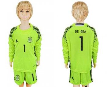 Spain #1 De Gea Shiny Green Long Sleeves Goalkeeper Kid Soccer Country Jersey