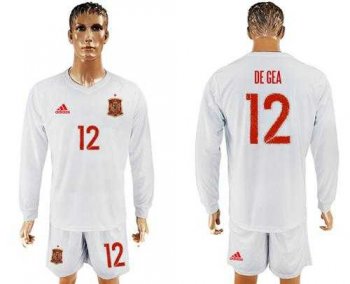 Spain #12 De Gea White Away Long Sleeves Soccer Country Jersey