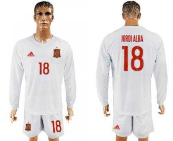 Spain #18 Jordi Alba White Away Long Sleeves Soccer Country Jersey