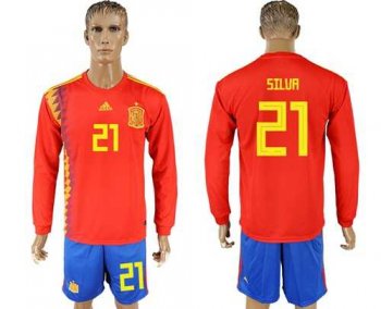 Spain #21 Silva Red Home Long Sleeves Soccer Country Jersey