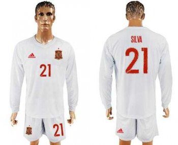 Spain #21 Silva White Away Long Sleeves Soccer Country Jersey