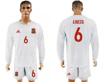 Spain #6 A.Iniesta White Away Long Sleeves Soccer Country Jersey