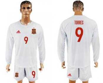 Spain #9 Torres White Away Long Sleeves Soccer Country Jersey