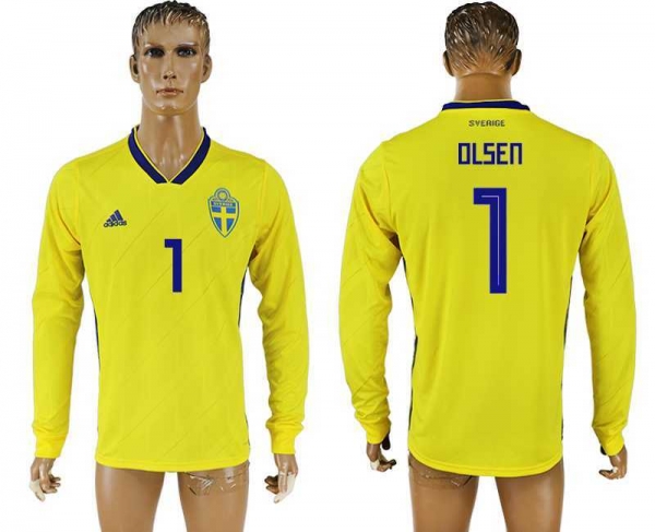 Sweden #1 OLSEN Home 2018 FIFA World Cup Long Sleeve Thailand Soccer Jersey