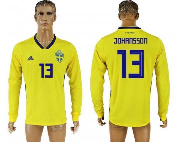 Sweden #13 JOHANSSON Home 2018 FIFA World Cup Long Sleeve Thailand Soccer Jersey