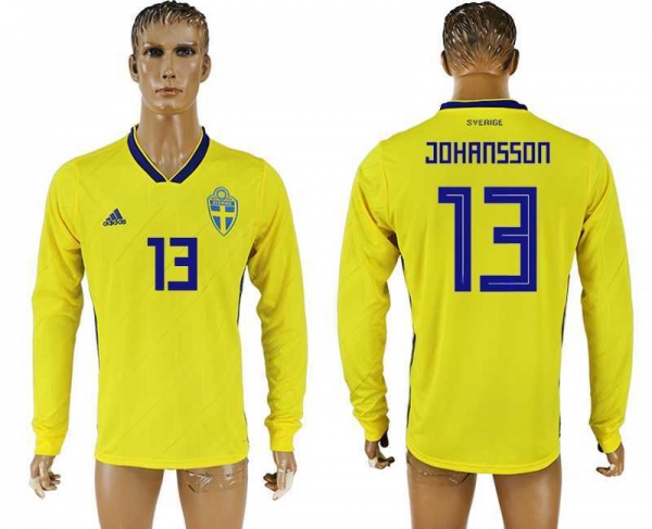 Sweden #13 JOHANSSON Home 2018 FIFA World Cup Long Sleeve Thailand Soccer Jersey