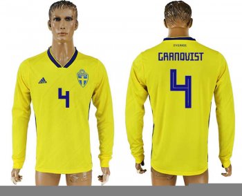 Sweden #4 GRANOVIST Home 2018 FIFA World Cup Long Sleeve Thailand Soccer Jersey