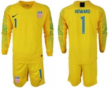 USA #1 Howard Yellow Goalkeeper Long Sleeves Soccer Country Jersey