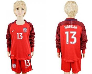 USA #13 Morgan Away Long Sleeves Kid Soccer Country Jersey