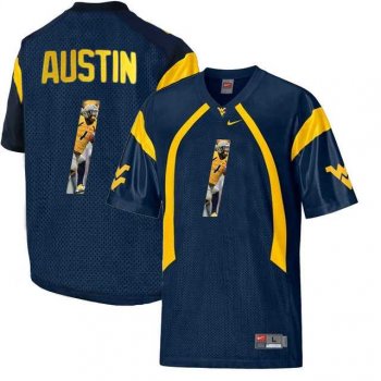 West Virginia Mountaineers #1 Tavon Austin Navy With Portrait Print College Football Jersey