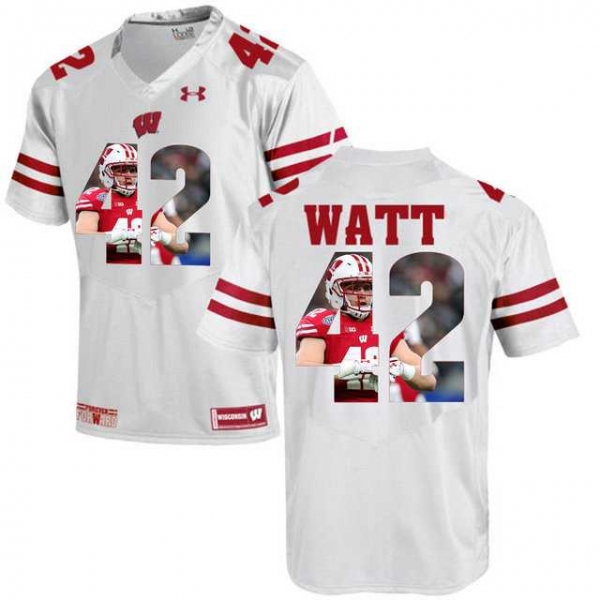 Wisconsin Badgers #99 T.J. Watt White With Portrait Print College Football Jersey