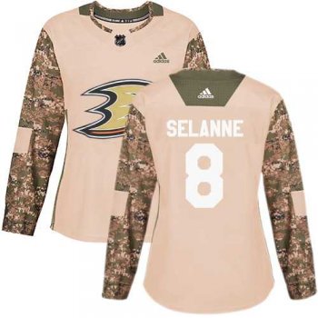 Women's Adidas Anaheim Ducks #8 Teemu Selanne Camo Authentic 2017 Veterans Day Stitched NHL Jersey