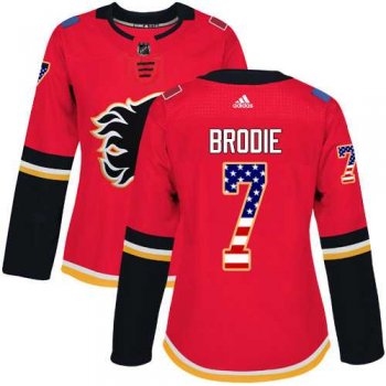 Women's Adidas Calgary Flames #7 TJ Brodie Red Home Authentic USA Flag Stitched NHL Jersey