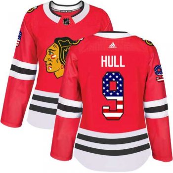 Women's Adidas Chicago Blackhawks #9 Bobby Hull Red Home Authentic USA Flag Stitched NHL Jersey