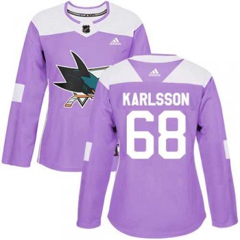 Women's Adidas San Jose Sharks #68 Melker Karlsson Purple Authentic Fights Cancer Stitched NHL Jersey